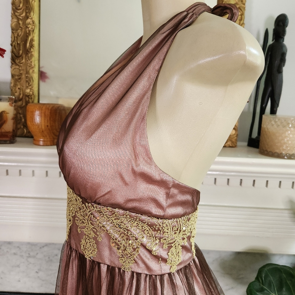 Adrianna Papell Boutique Mocha Brown Pink Gold Halter Dress Beaded Cocktail Sz 4 - Picture 8 of 14